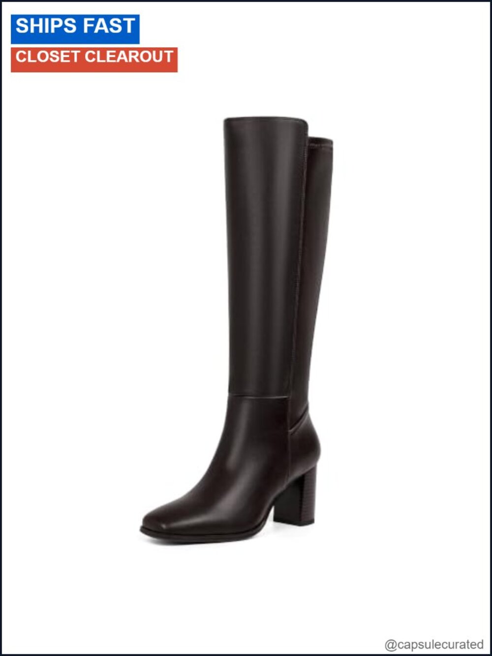 Stretchy Knee High Boots for Women Square Toe Chunky Block Heel Faux Leather